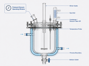 Laboratory glass reactor rated for combined pressure and vacuum operation